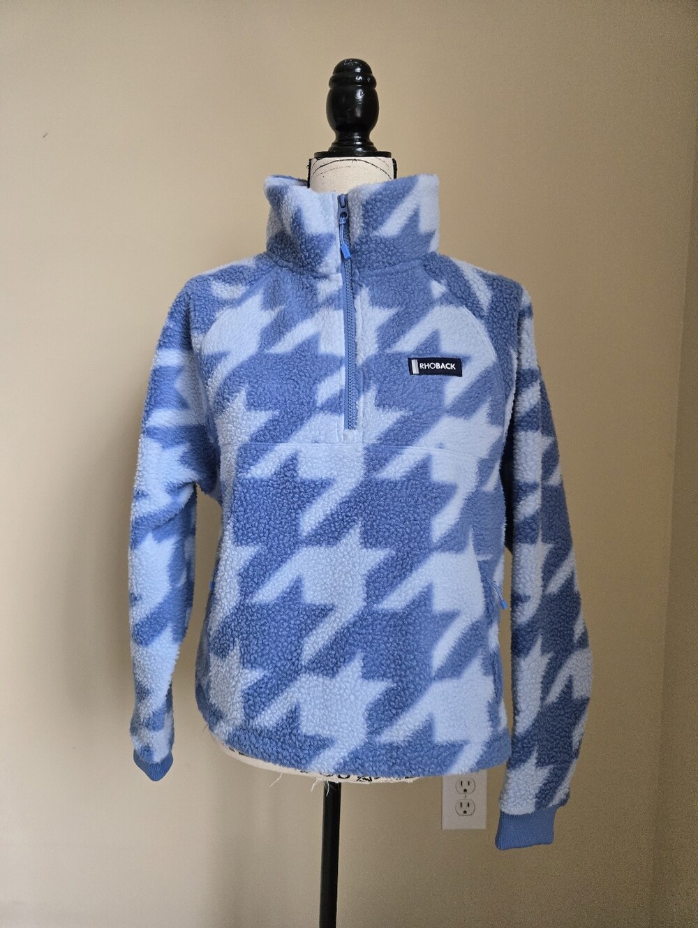 Rhoback Rivanna Fleece Pullover Womens S Blue Houndstooth Crop